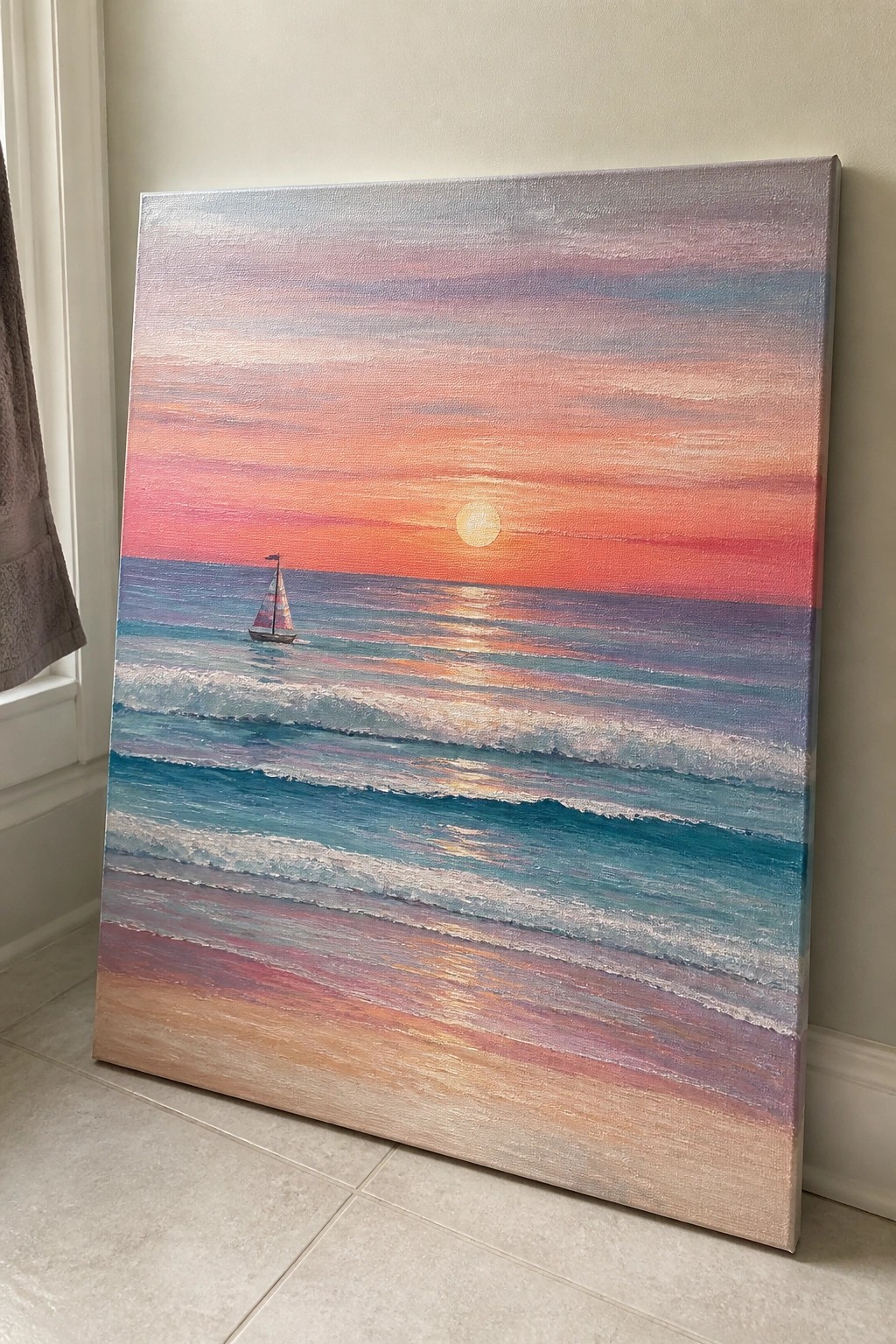 Vibrant sunset seascape painting with sailboat, colorful waves, and sandy beach on canvas.