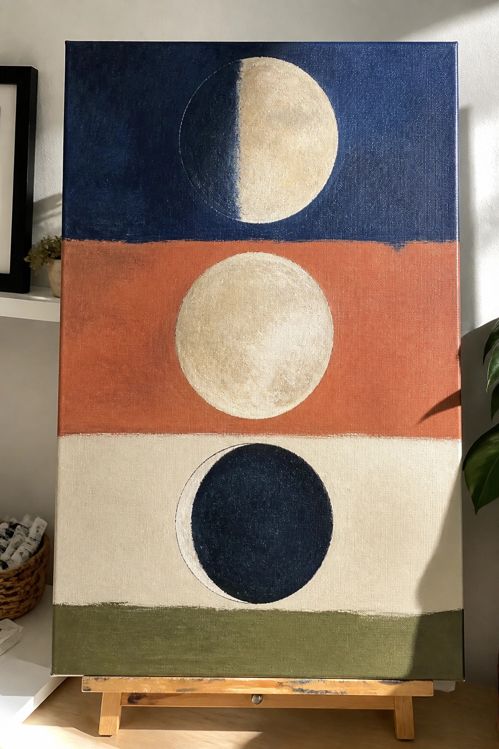 An acrylic painting on a canvas with horizontal bands of dark blue, orange, beige, and green, each containing a circle in contrasting tones.