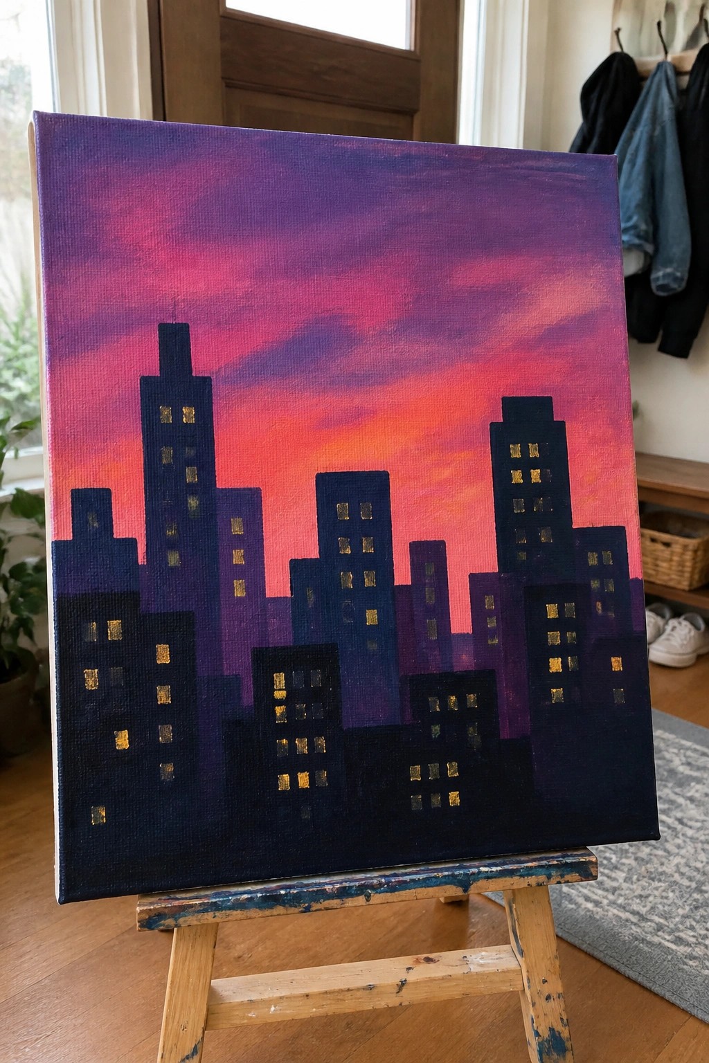 A painting of a dark city skyline with illuminated windows against a purple and pink sunset sky on a canvas.