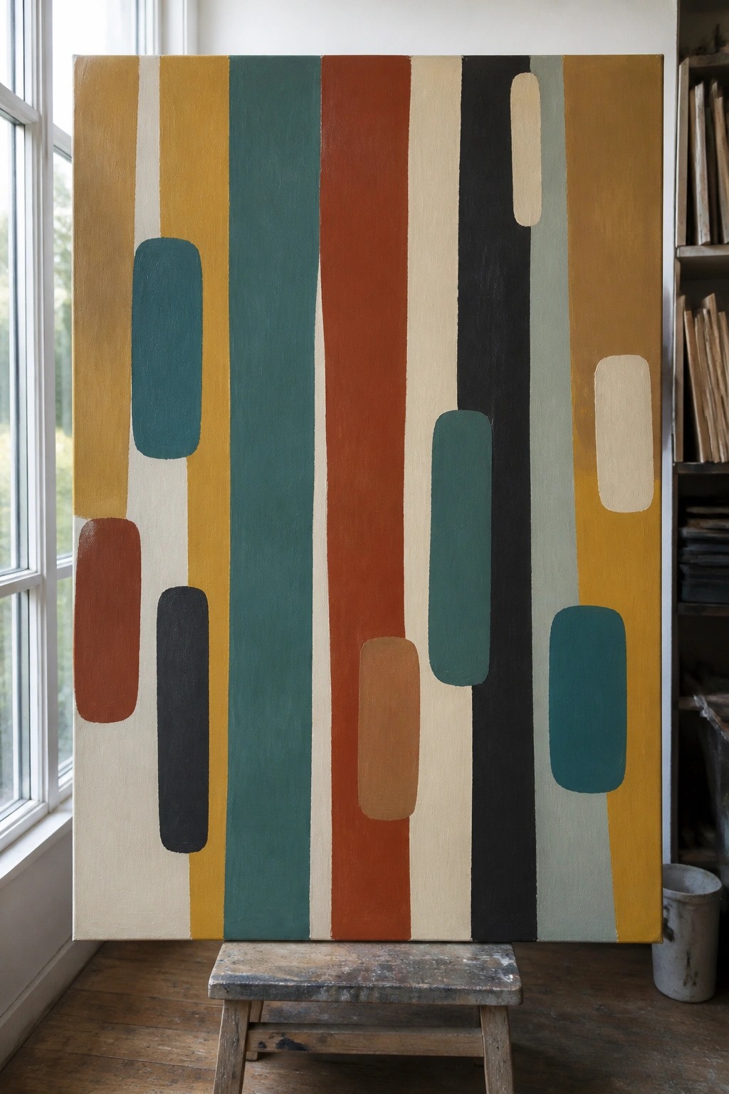 Abstract painting with colorful vertical stripes and rounded shapes on wooden stool in studio