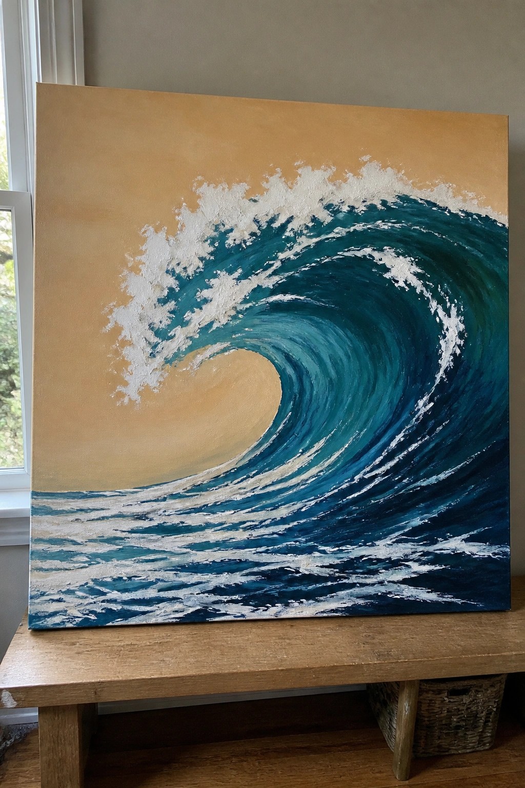 Large curling teal wave with white foam against a golden tan background on canvas