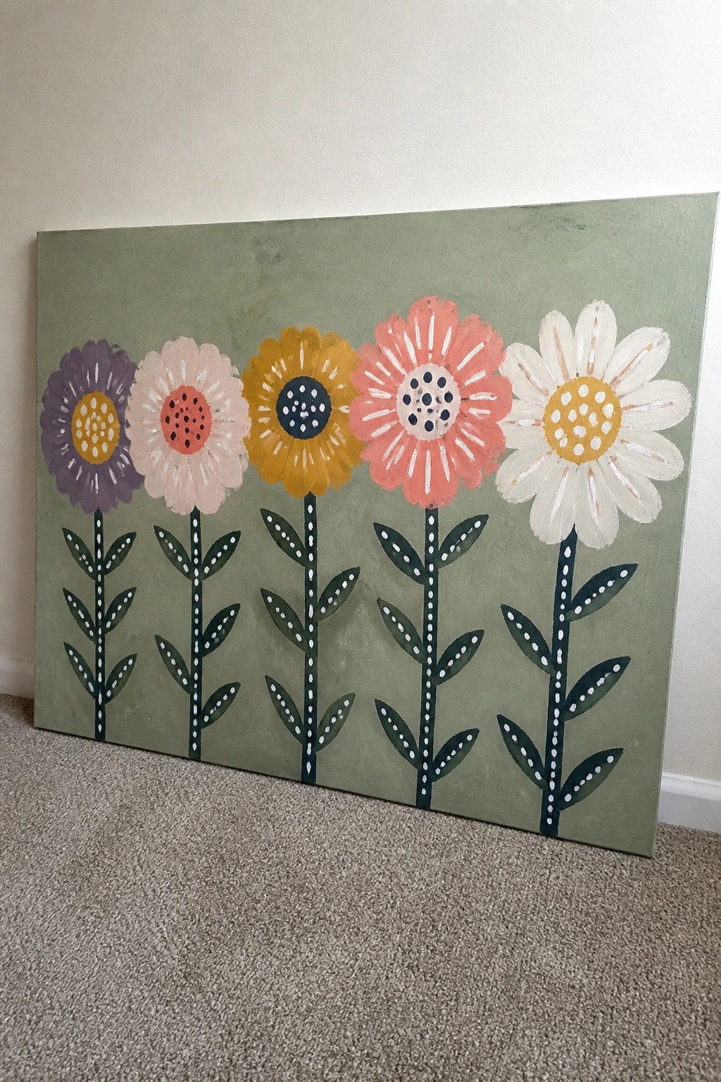 Five colorful stylized flowers with green stems on a sage green canvas.
