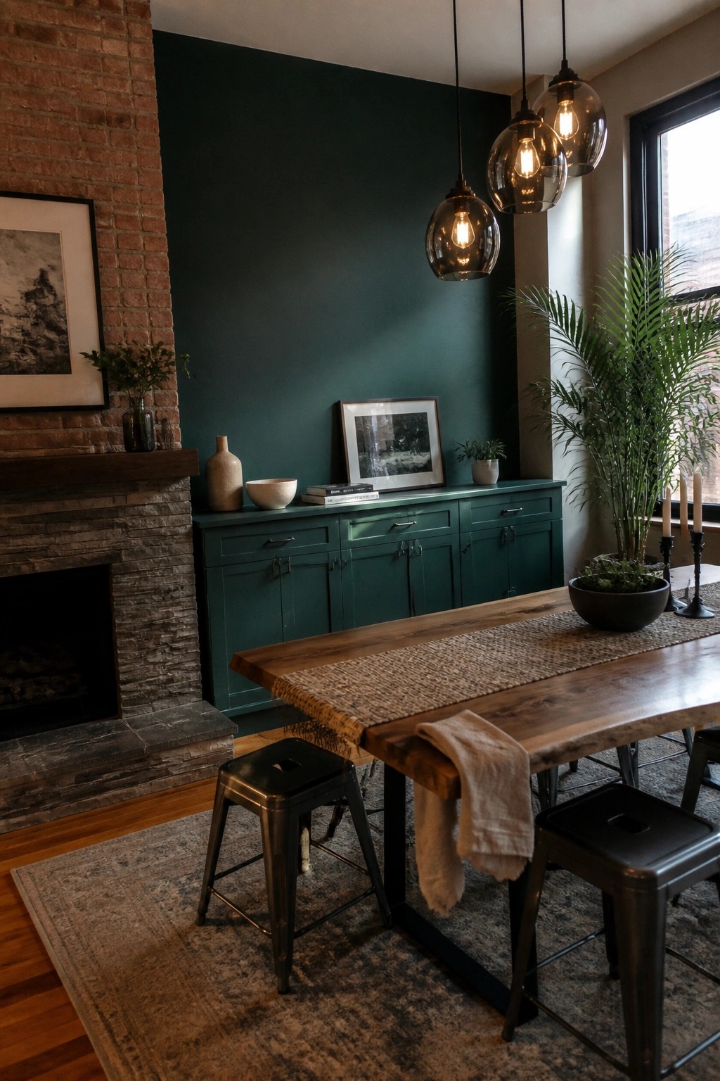 Deep emerald green walls and cabinetry in a dining room beside a red brick fireplace.