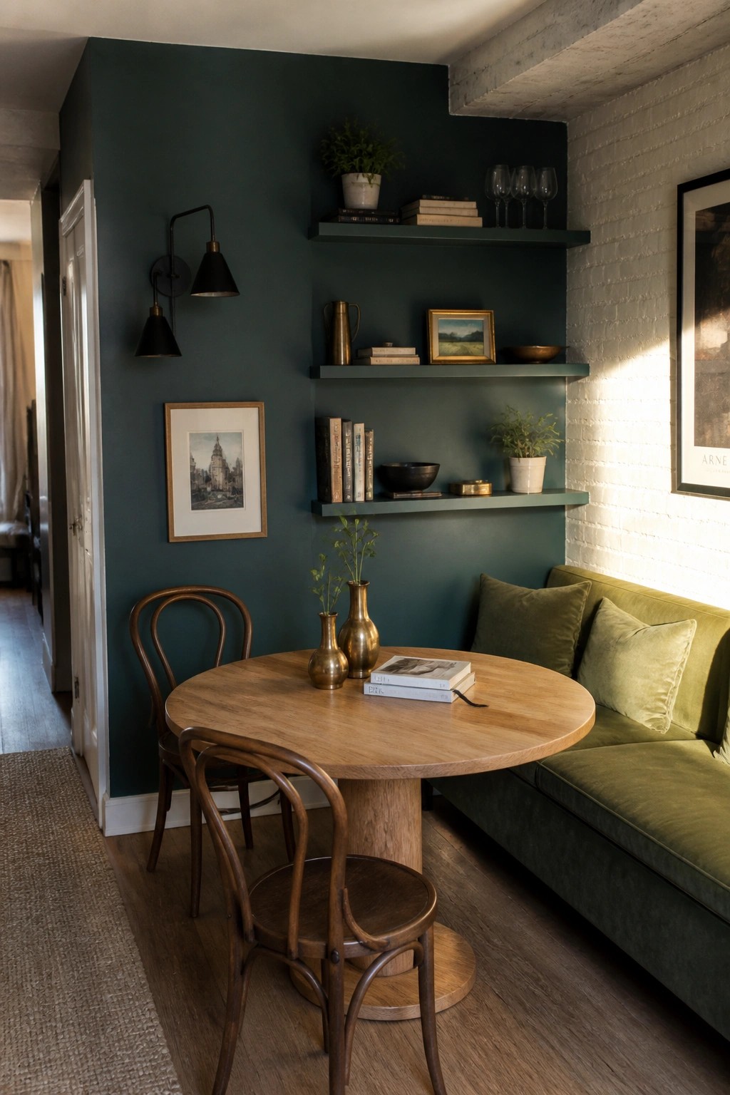 Deep emerald green walls in a dining nook with wood table and built-in shelves.