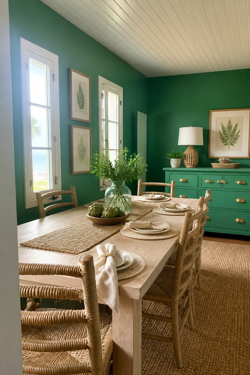Emerald green dining room with wooden table, rattan chairs, fern prints, and ocean view.