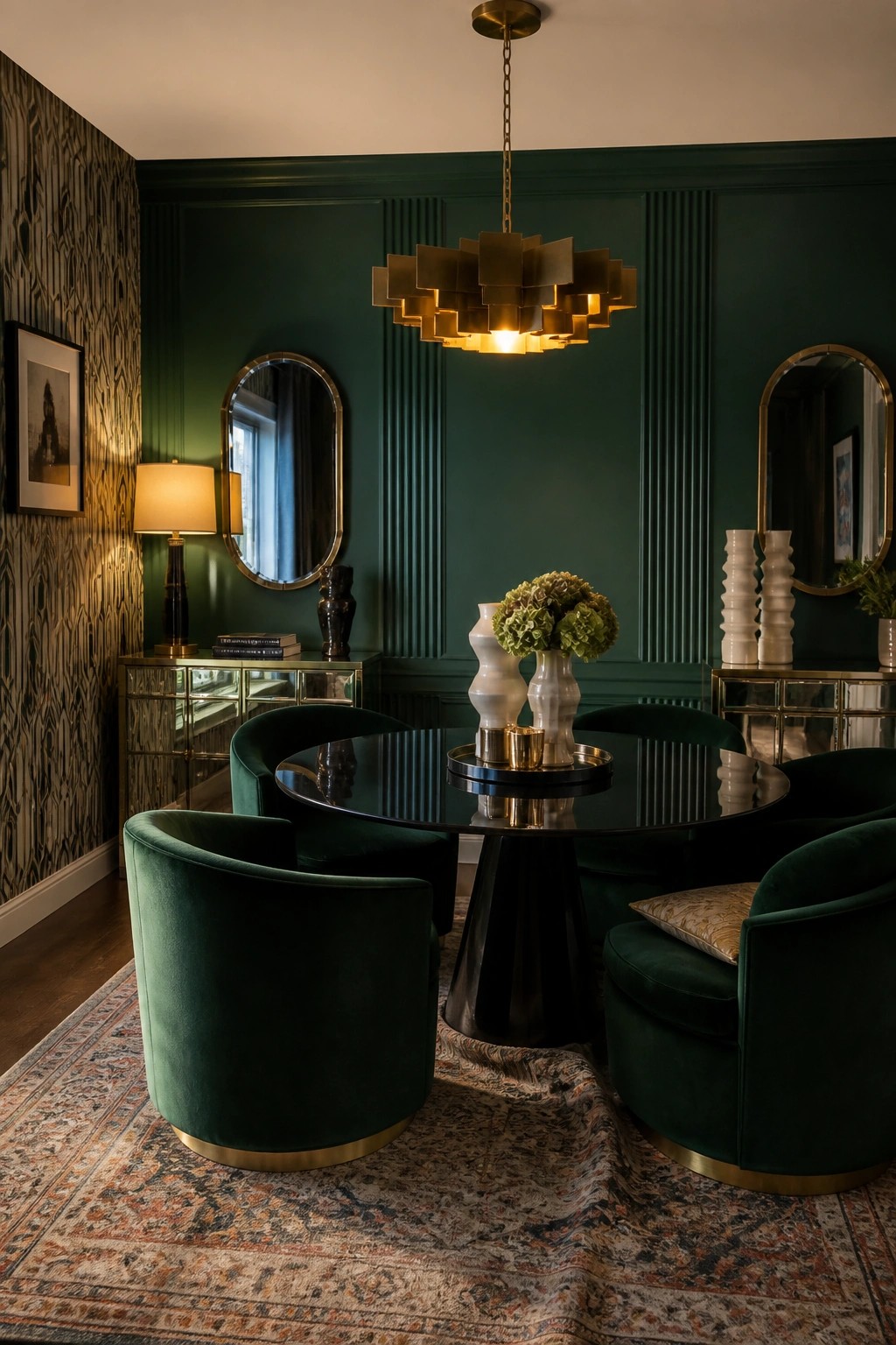 Deep emerald green paneled walls in a formal dining room with brass accents.