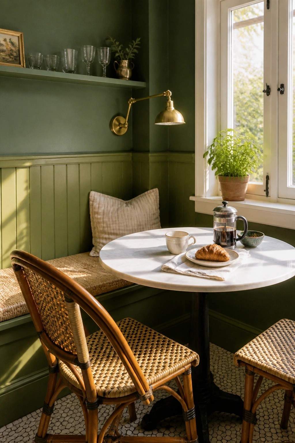 Cozy green nook with marble table, French press, croissant, wicker chairs, and brass lamp