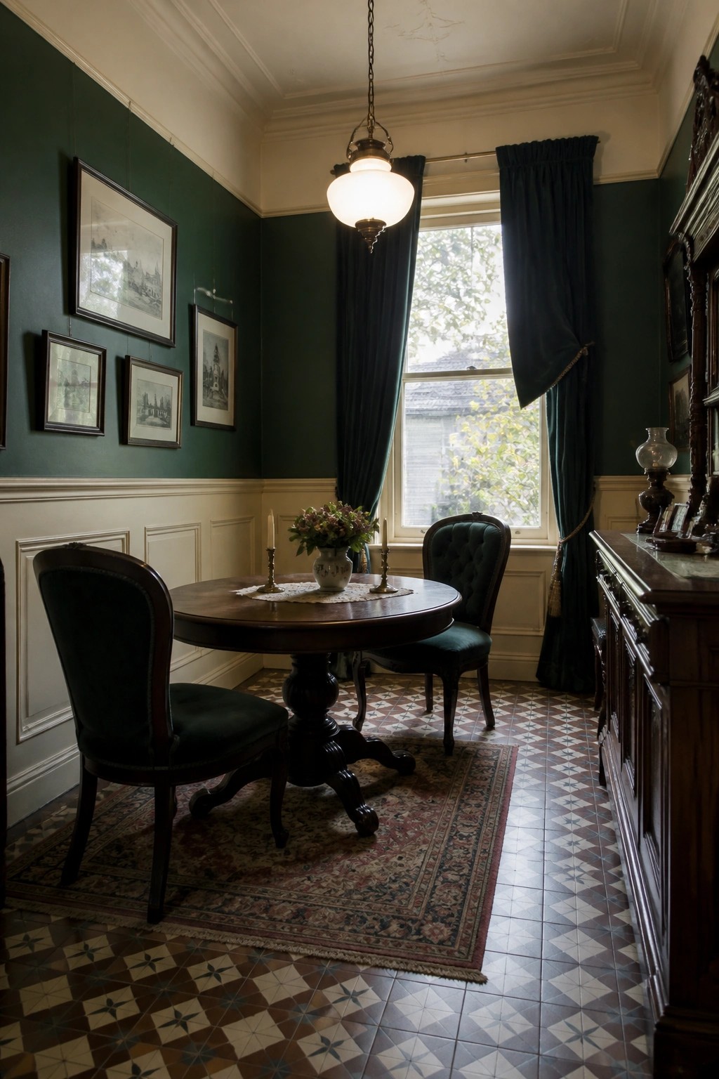 Deep emerald green walls painted above white wainscoting in a traditional dining room.