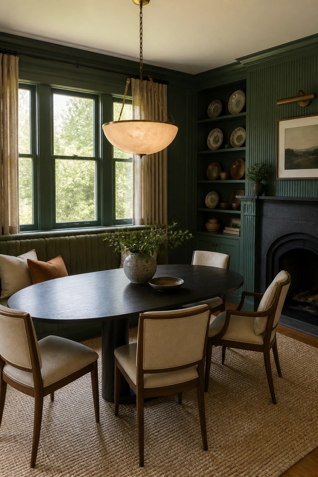 Deep emerald green walls and built-ins in a dining room with dark wood furniture.