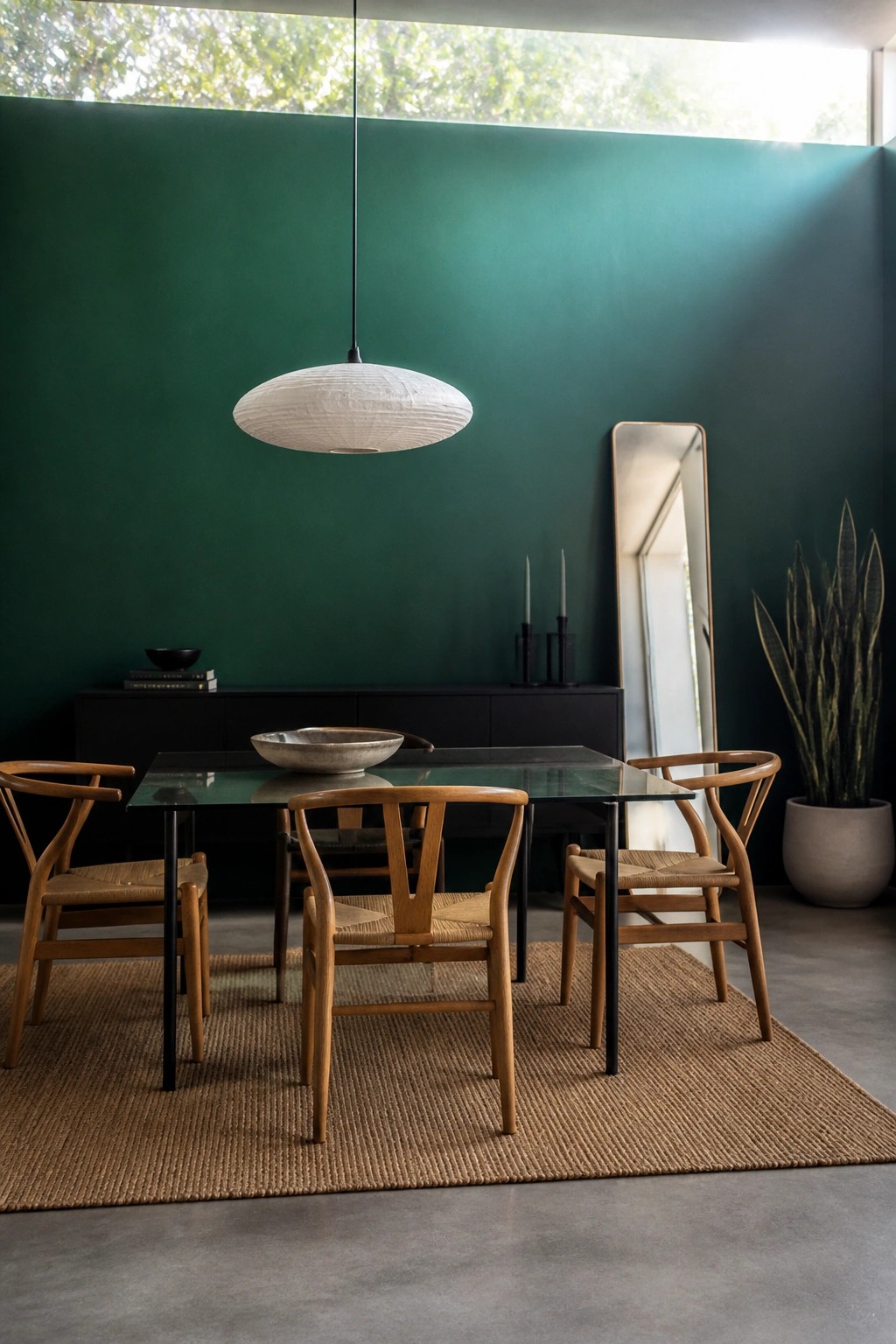 A dining room featuring deep emerald green walls behind a glass table and wooden chairs.