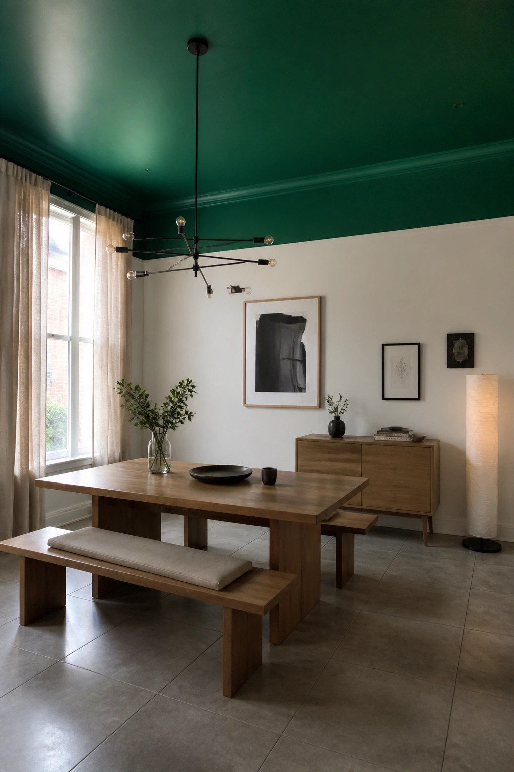 Modern dining room with wooden table, green ceiling, black chandelier, and minimalist art.