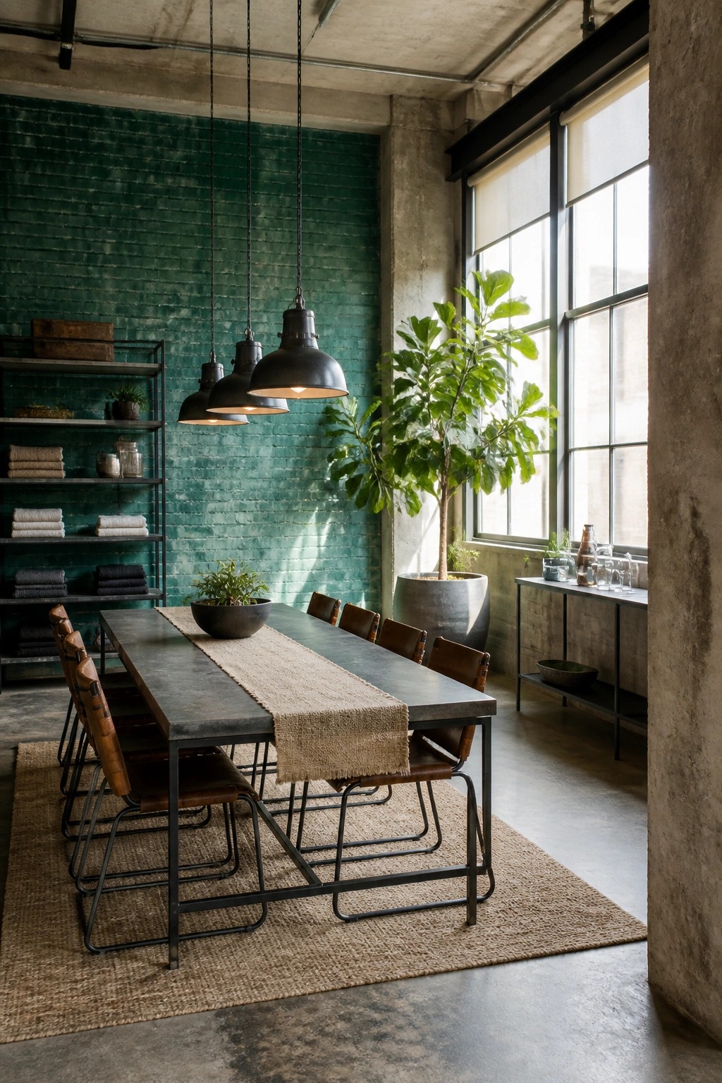 A dining room featuring a deep emerald green painted brick accent wall behind a long table.