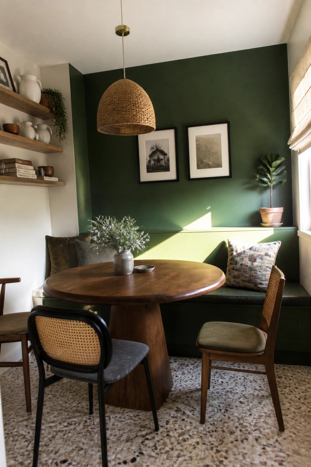 A deep emerald green wall surrounds a round wood dining table in a built-in nook.
