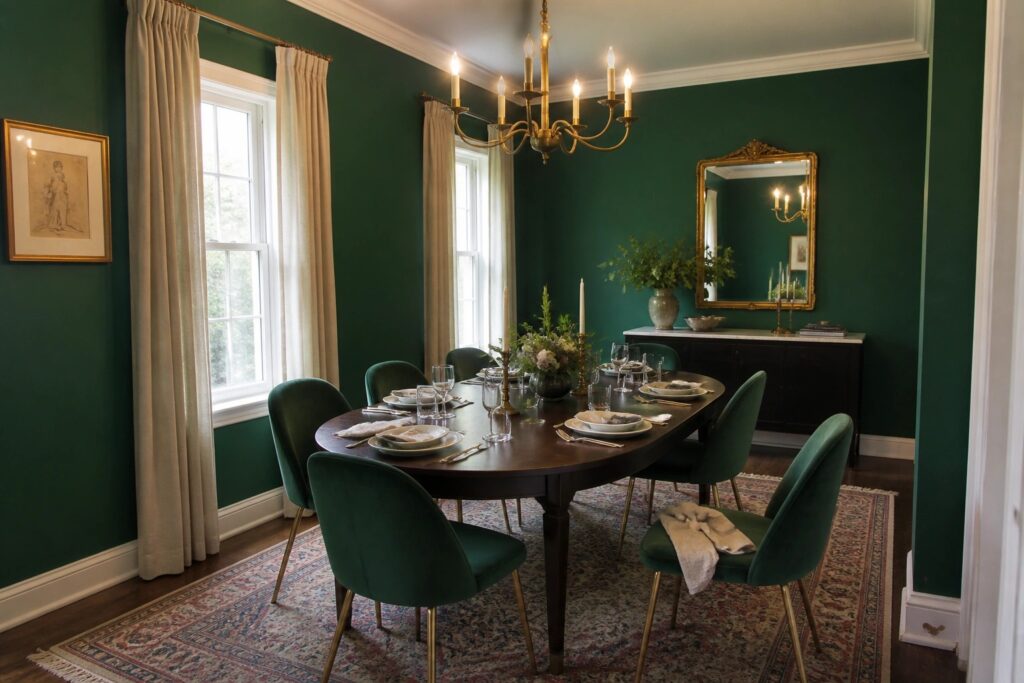 23 Luxurious Emerald Green Paint Colors for Dramatic Dining Rooms Deep emerald green walls in a dining room with a dark wood table and brass chandelier.