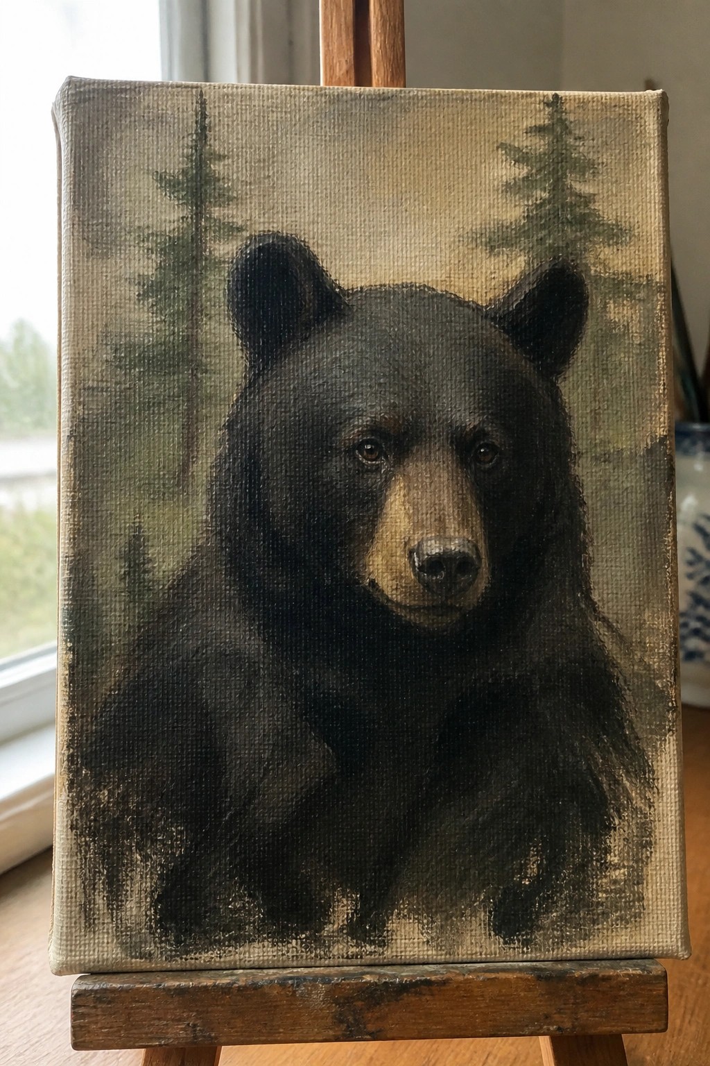 Realistic painting of black bear with brown muzzle on wooden easel