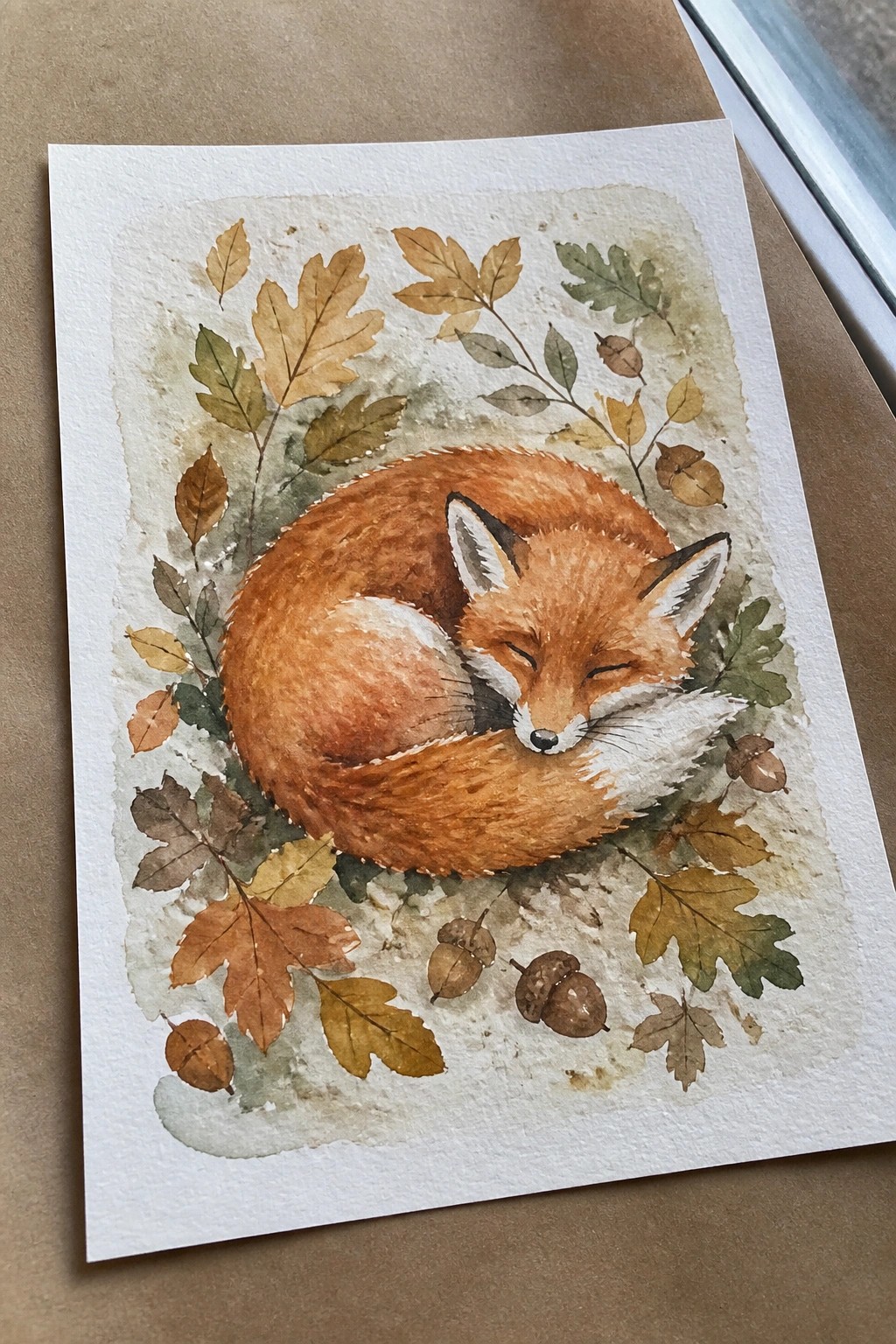 Sleeping fox curled amid autumn leaves and acorns in soft watercolor style.