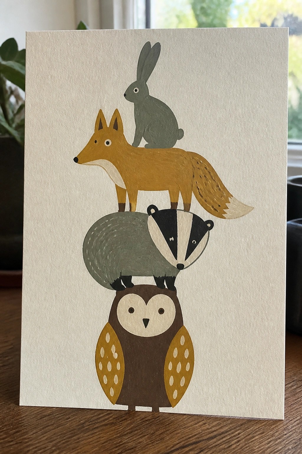 Minimalist illustration of stacked woodland animals: brown owl, badger, fox, gray rabbit.