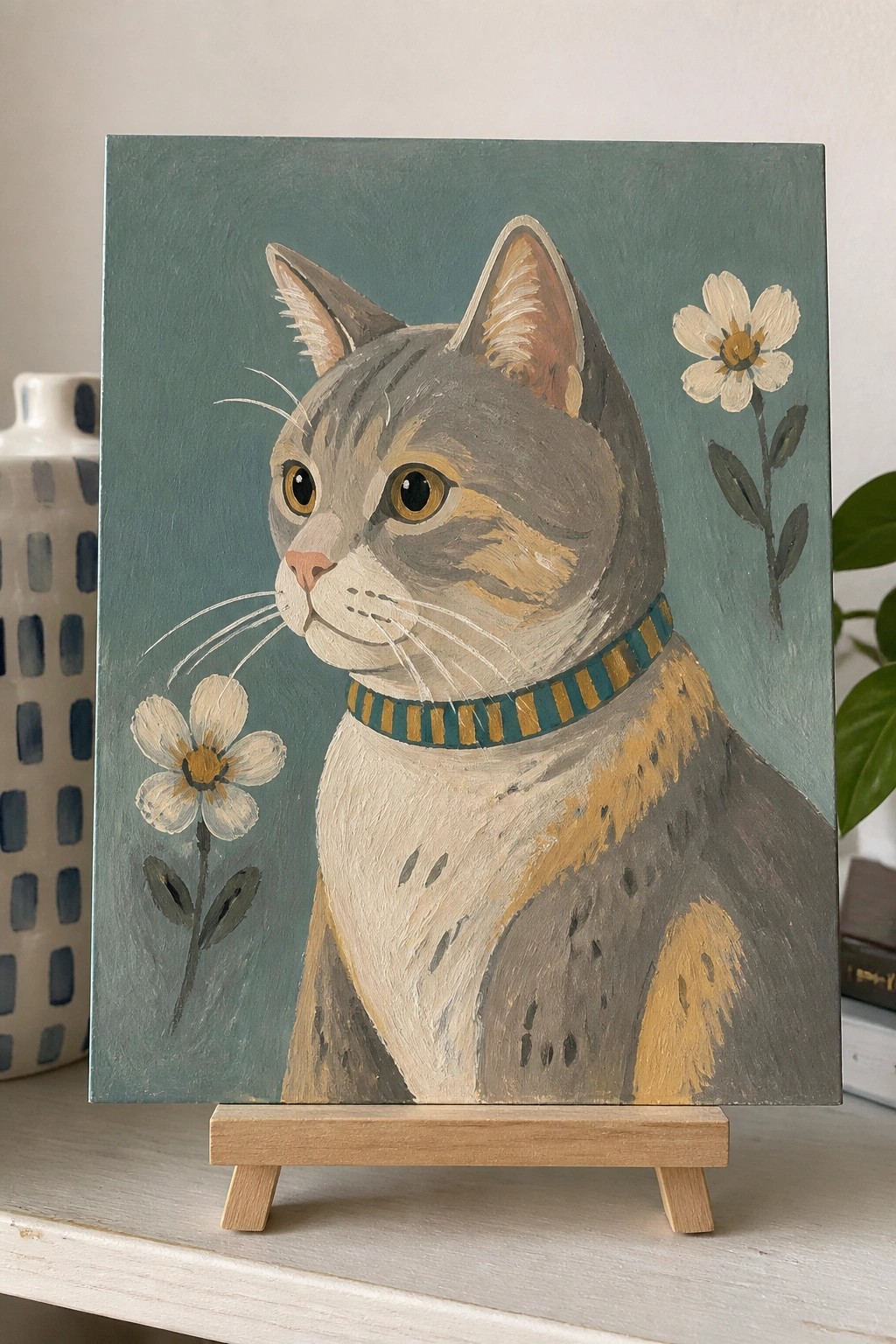 Gray tabby cat with striped collar and white flowers on teal canvas on easel