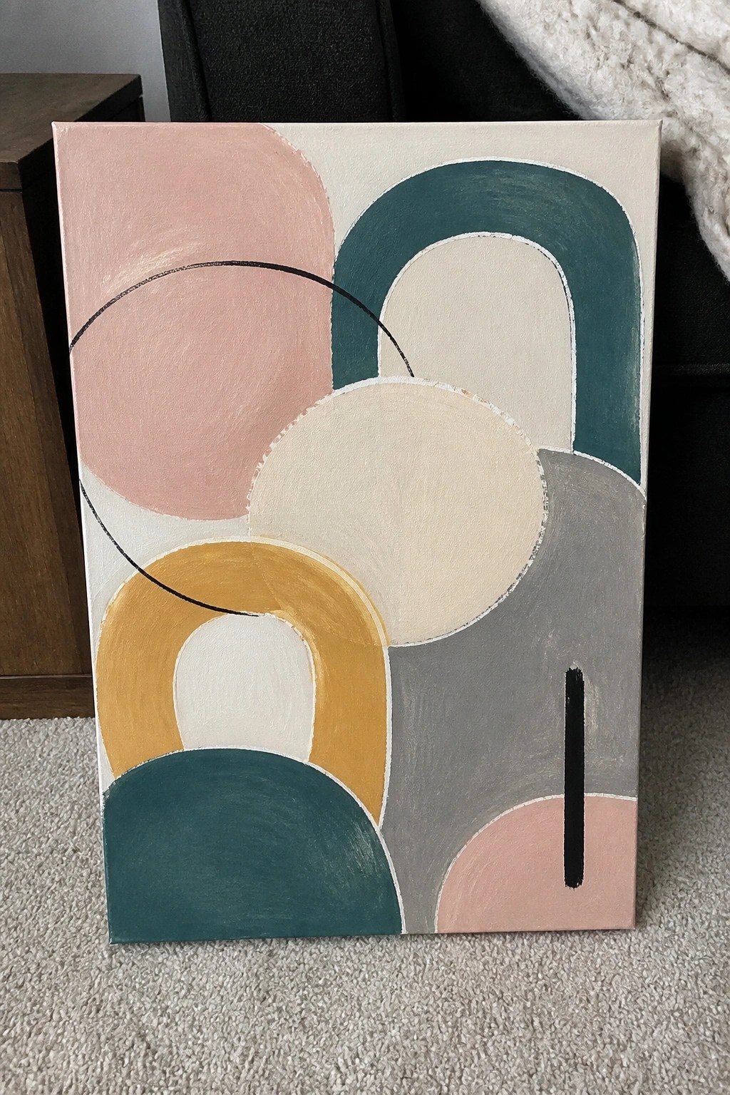 Abstract canvas with overlapping pastel circles, arches, and lines in pink, teal, yellow, and gray.