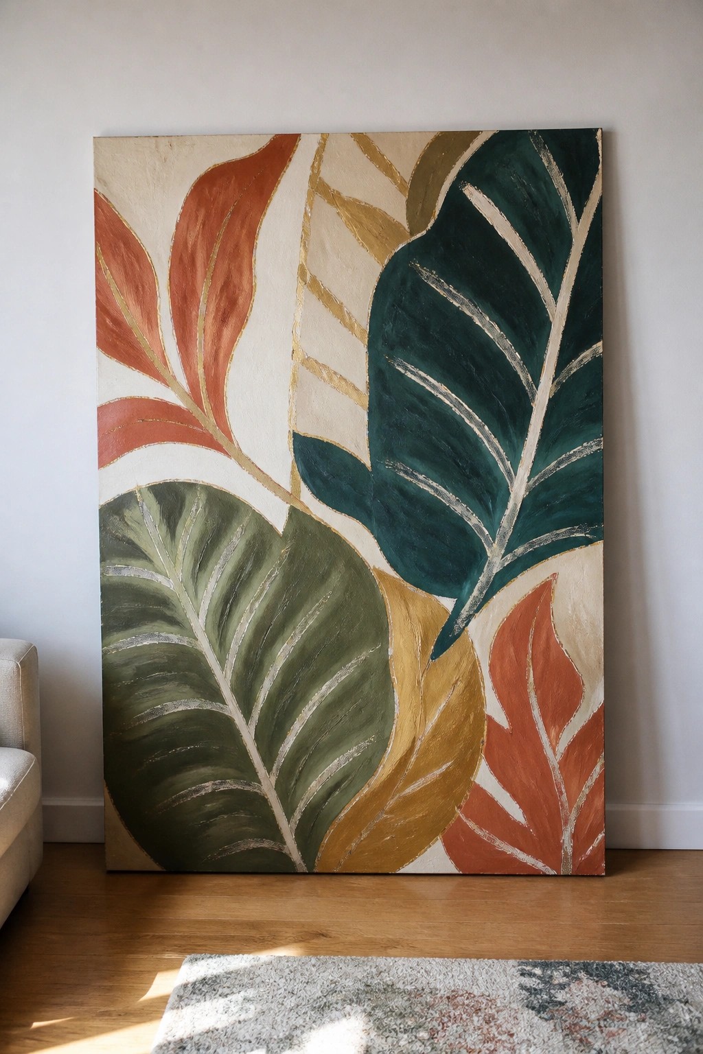 Large abstract painting of colorful tropical leaves leaning on wooden floor with rug