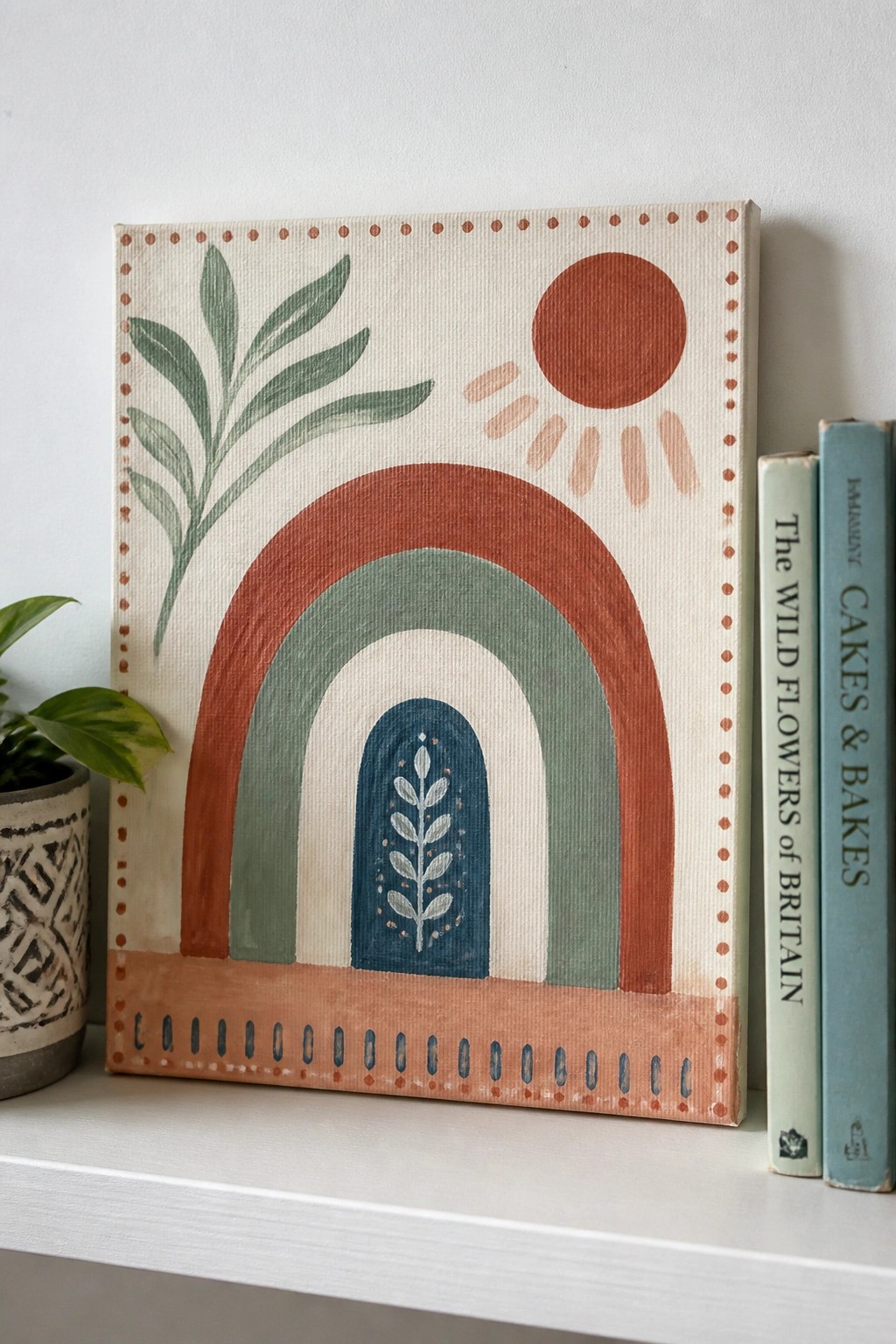 Terracotta and teal rainbow painting on canvas beside books on white shelf.