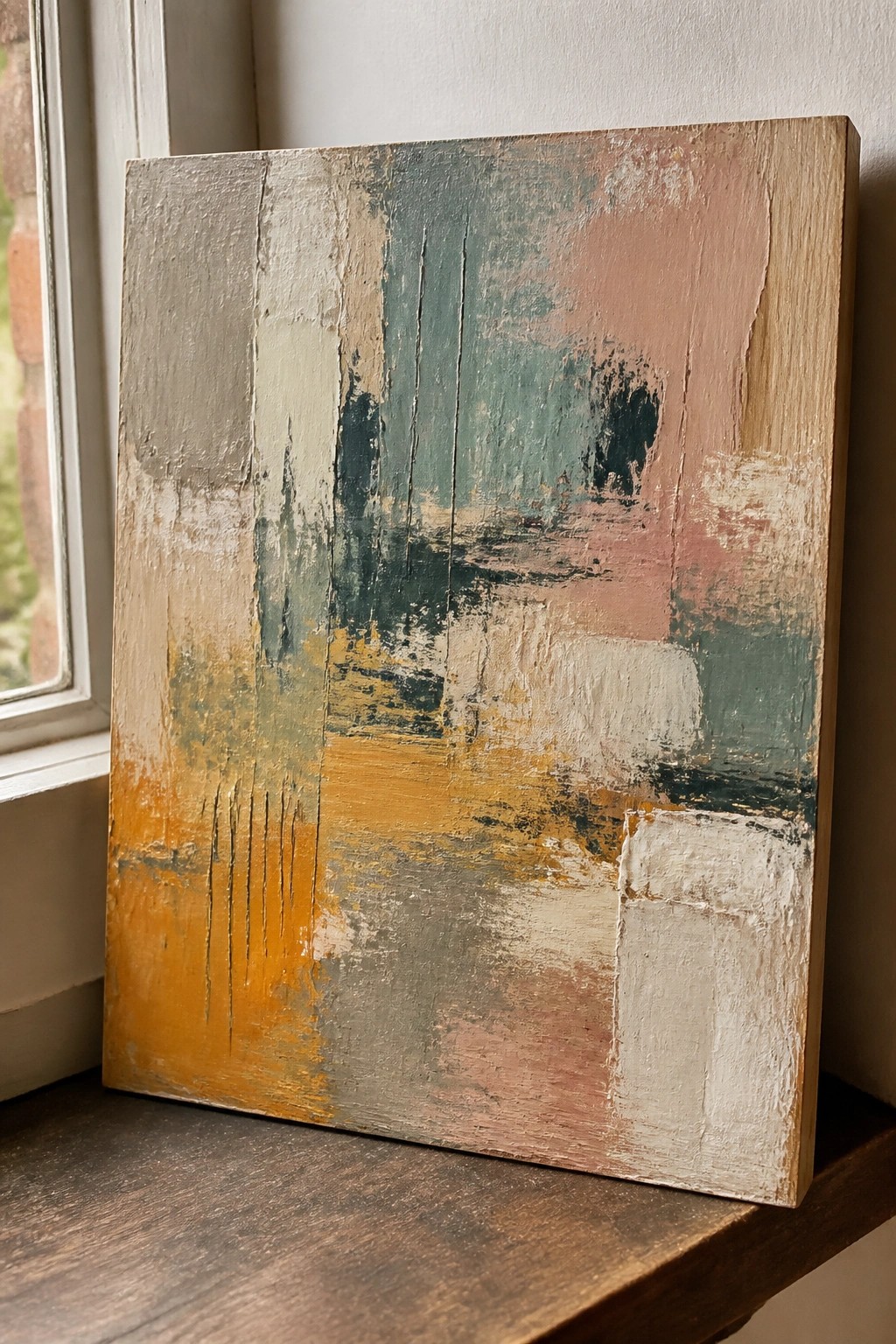 Abstract painting with textured orange, teal, pink, and white brushstrokes on wood by window