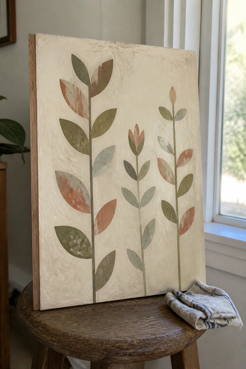 Painting of leafy stems in muted greens and terracotta on wooden stool with cloth