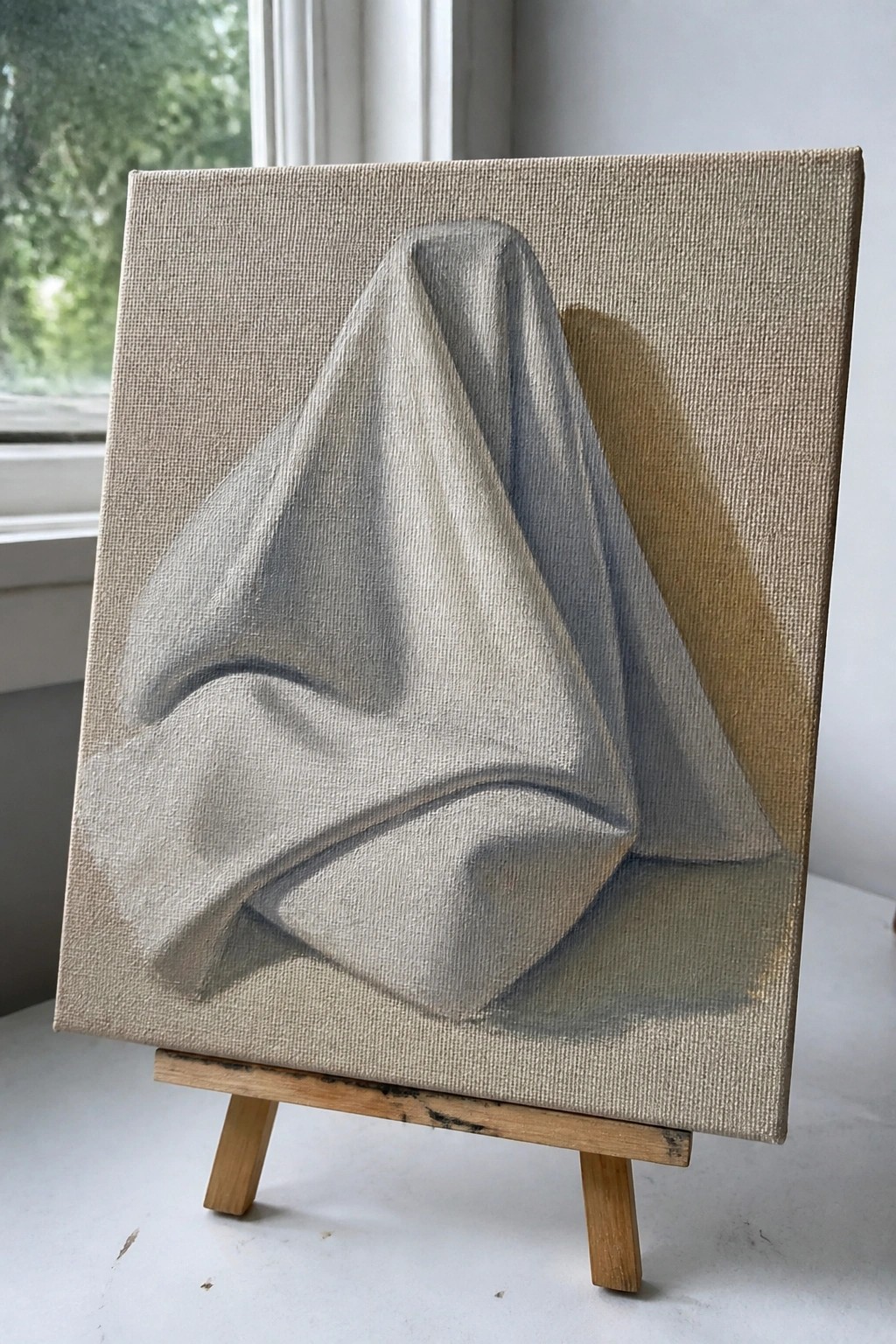 Painting of draped gray fabric with shadows on canvas atop wooden easel