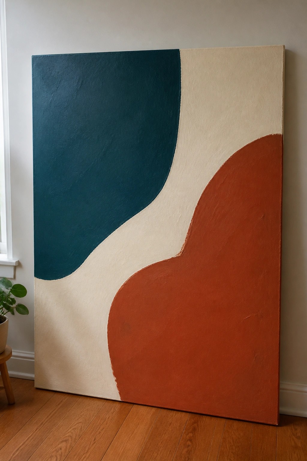 Large abstract painting with teal, beige, and terracotta curved shapes on wooden floor