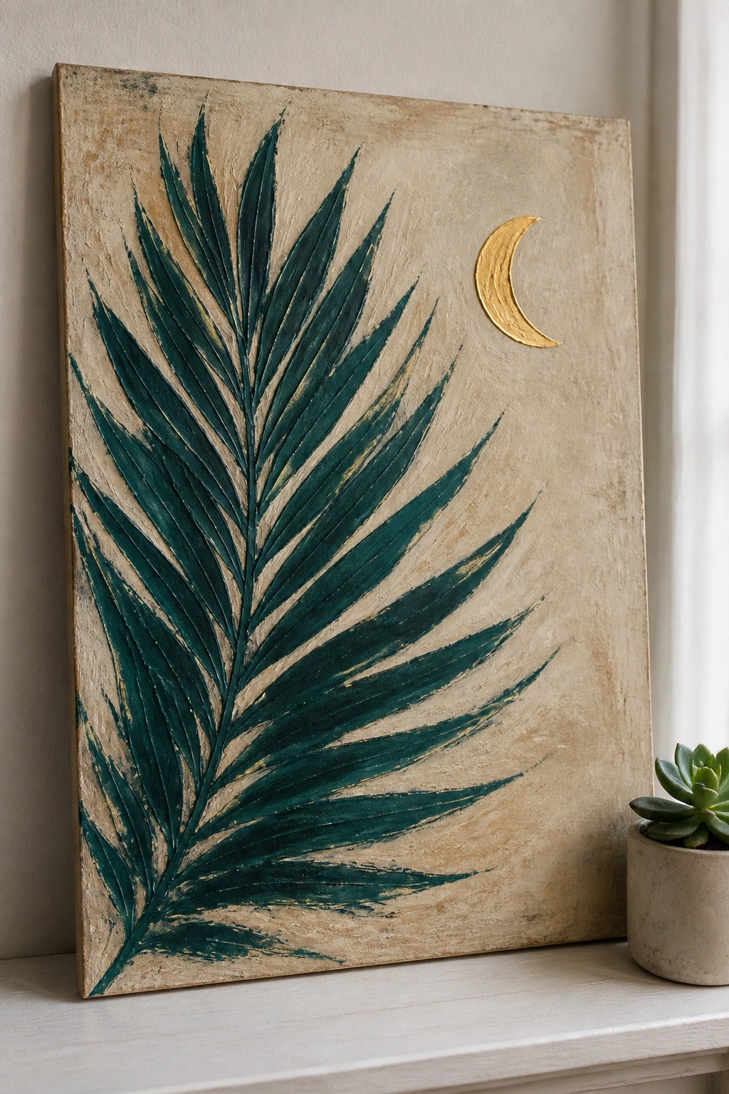 Textured beige canvas with large teal palm frond and golden crescent moon beside succulent.