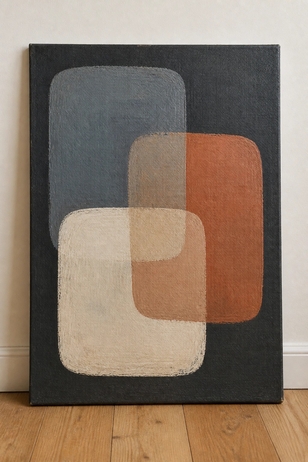 Abstract painting with overlapping rounded shapes in muted blue, beige, and terracotta on dark background.
