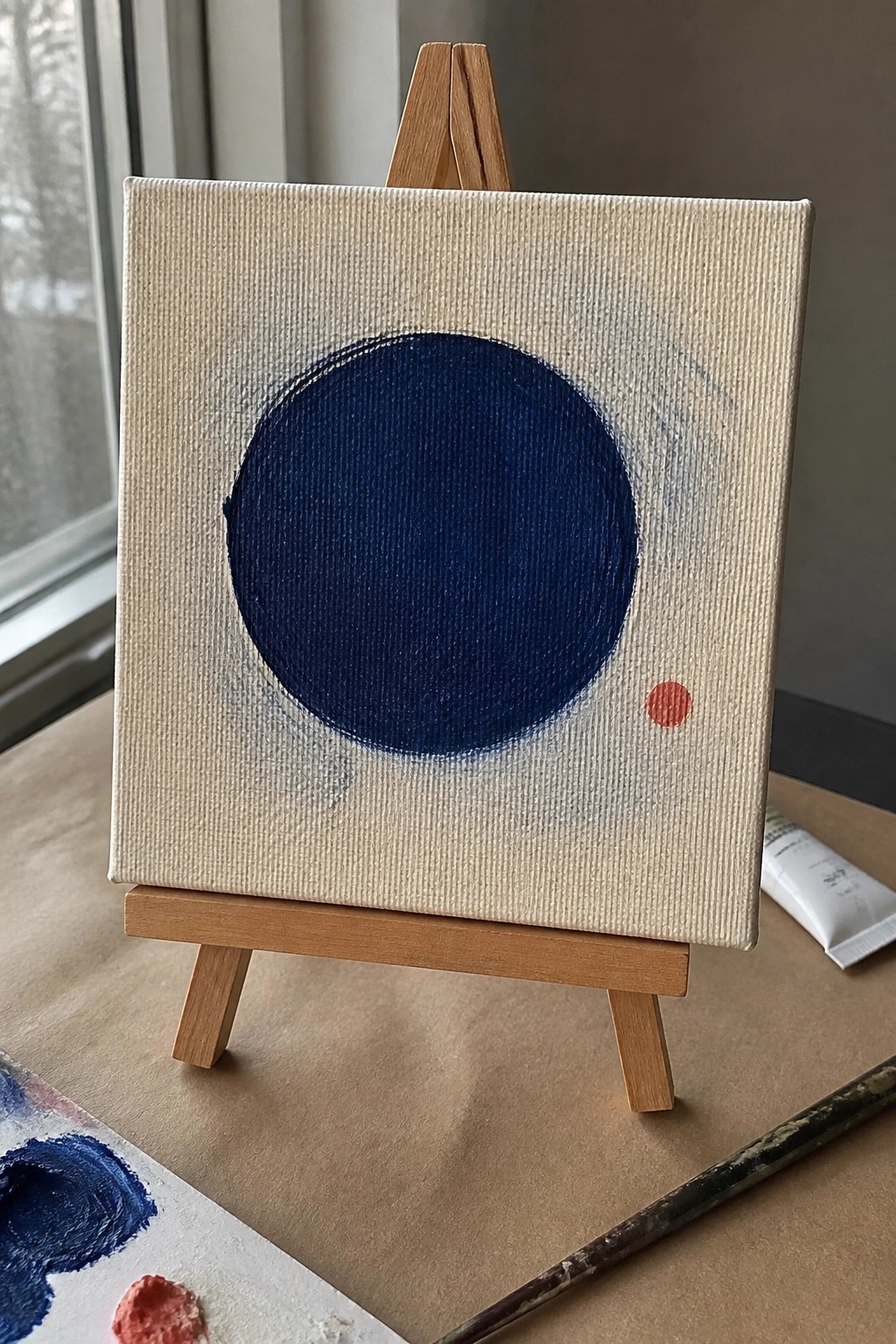 Small canvas on easel with blue circle, faint halo, red dot, and paint supplies.