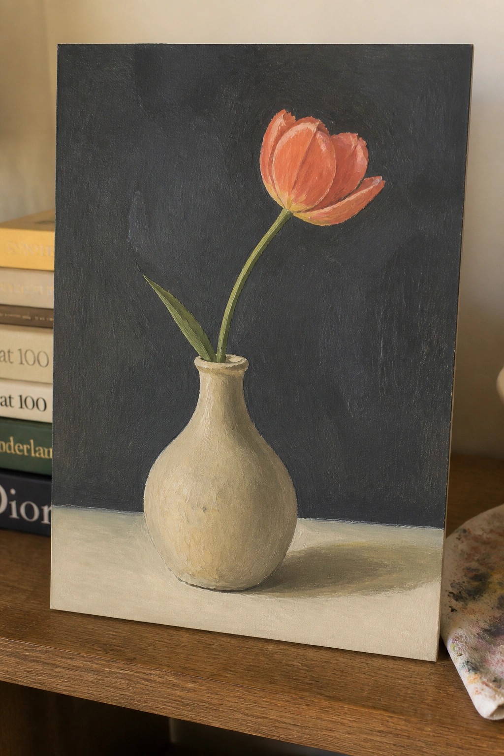 Oil painting of orange tulip in beige vase on dark background with books nearby.