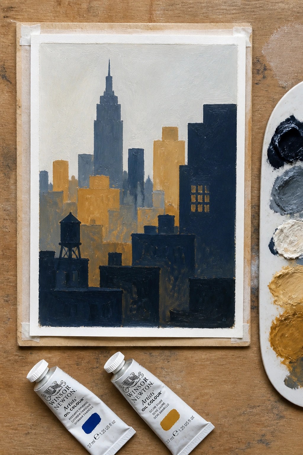 Cityscape painting in dark blue and gold beside oil paint tubes and palette.
