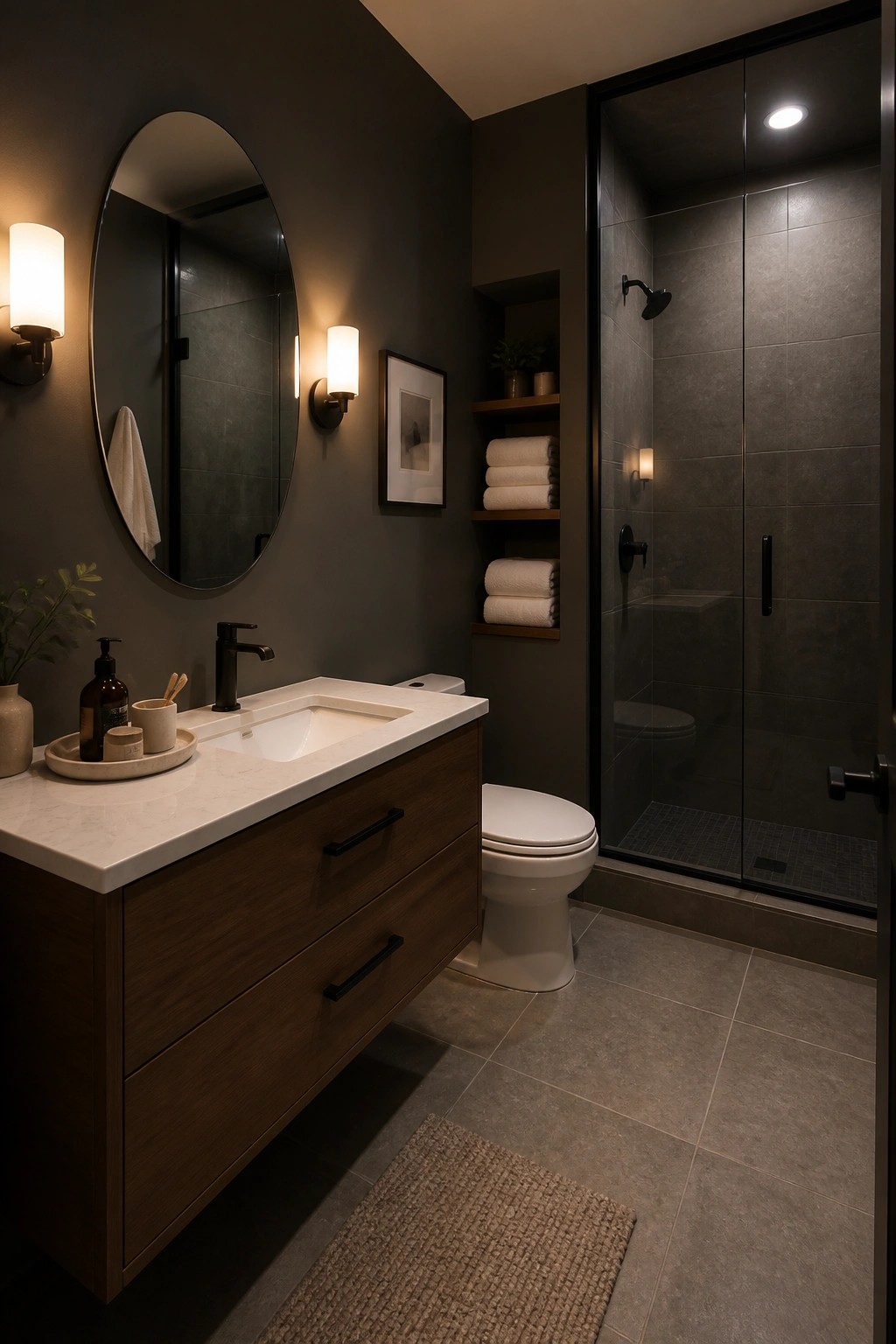 Dark charcoal gray walls in a small bathroom with a wood vanity and marble countertop.