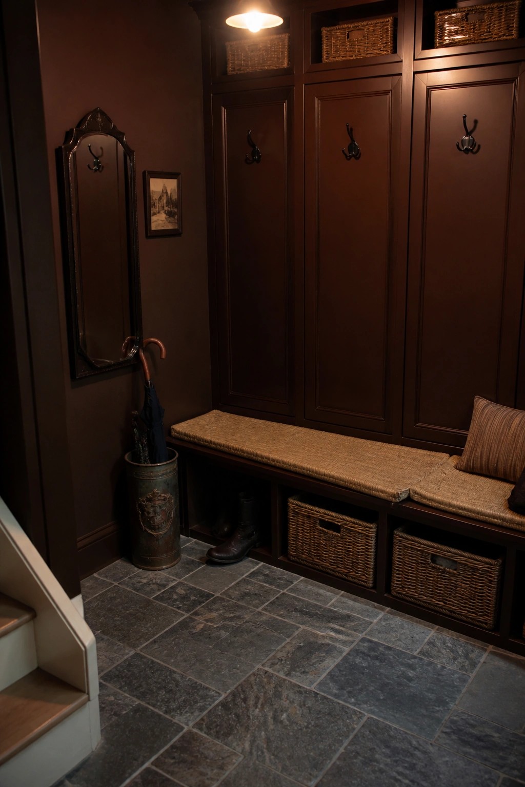 Dark brown walls and built-in storage in a small entryway with stone tile flooring.