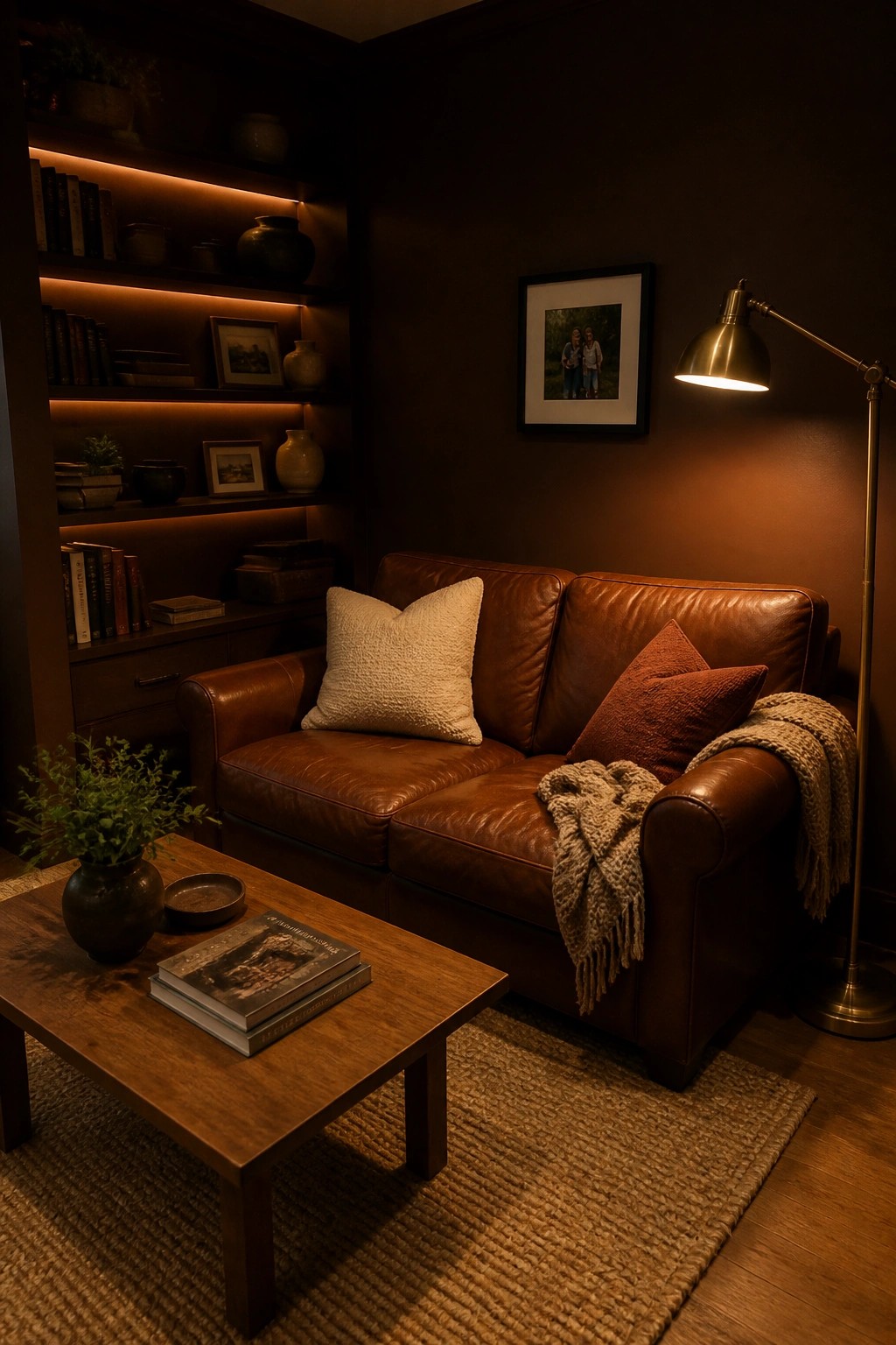 Cozy brown leather sofa beside warmly lit bookshelves and wooden coffee table