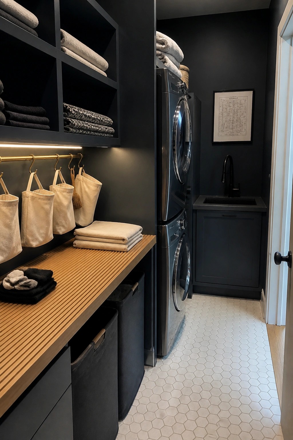 Dark charcoal walls cover a small laundry room with a wood counter and stacked washer and dryer.