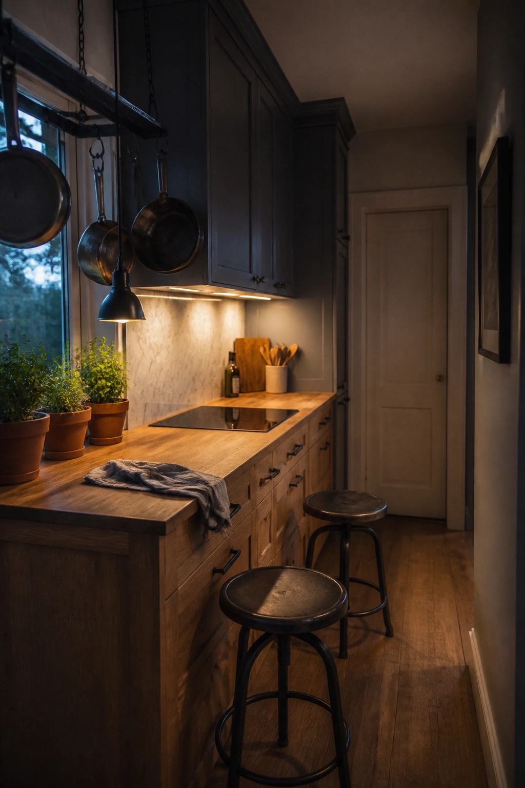 A narrow kitchen featuring deep charcoal cabinets paired with warm wood countertops.