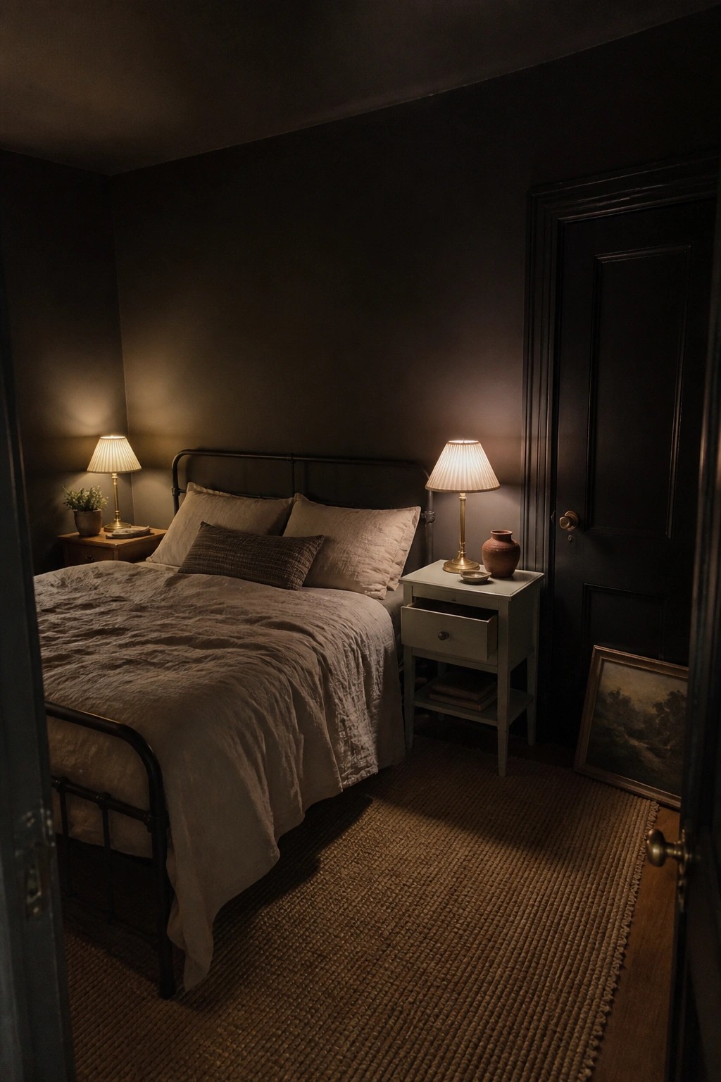 A small bedroom with deep charcoal walls and warm lamp light.