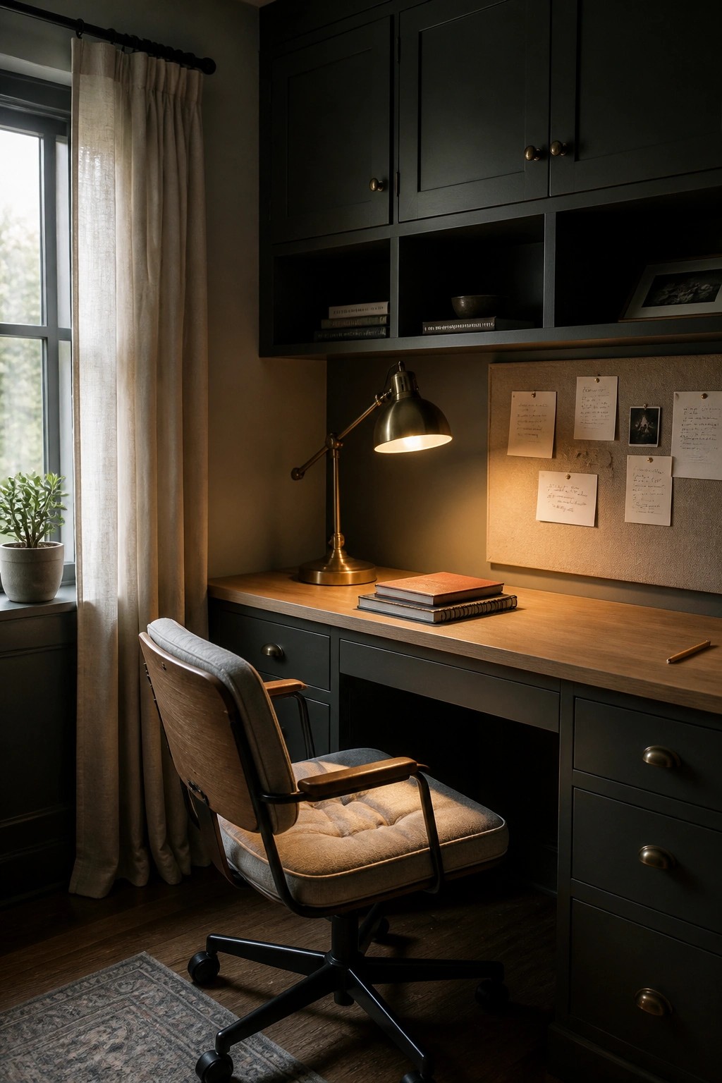 Cushioned office chair at wooden desk with lit brass lamp and corkboard notes