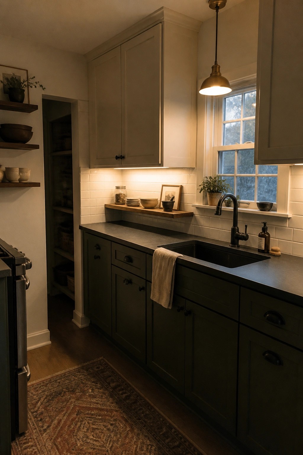 Cozy kitchen with dark green cabinets, black sink, white subway tiles, and pendant light.