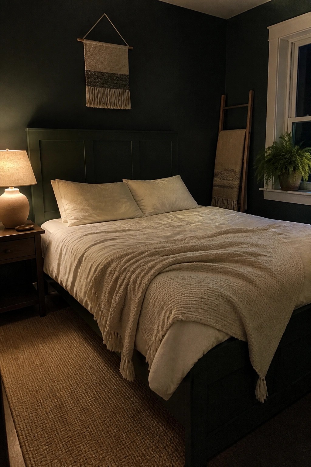 Dark green walls in a small bedroom with warm wood furniture and soft evening light.