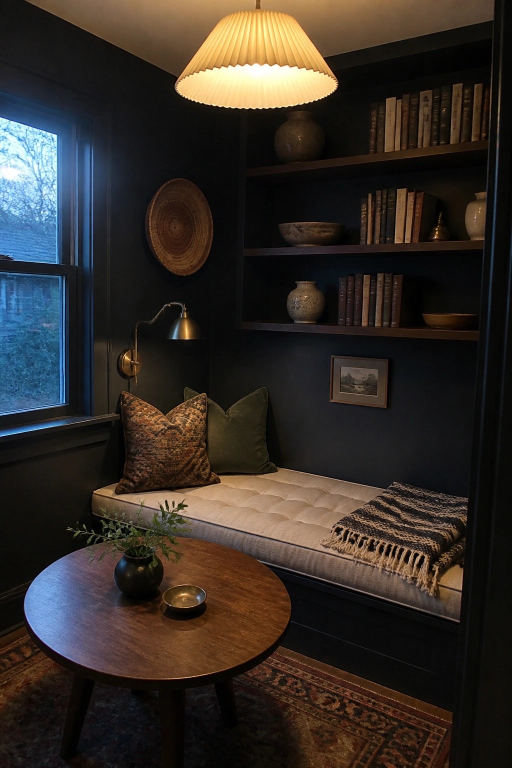 Dark-walled reading nook with bookshelves, cushioned bench, round wooden table, and warm lighting.