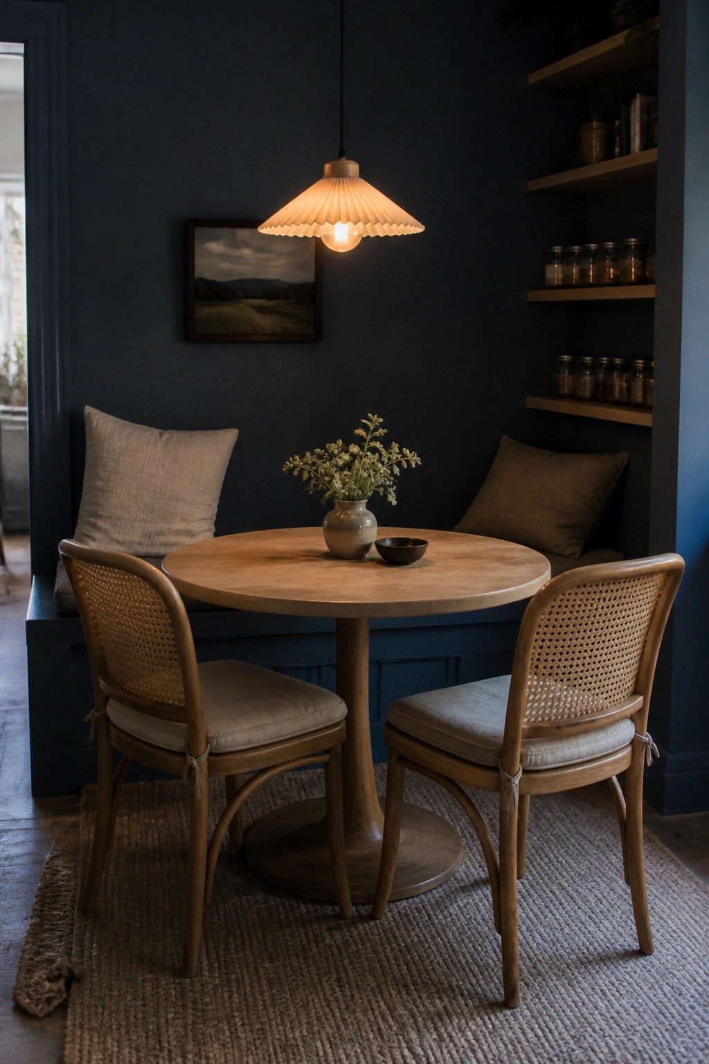 A small corner dining nook with deep navy walls and a wooden table.