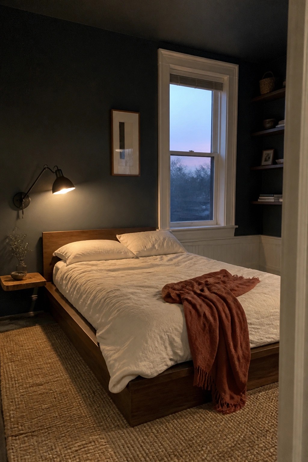 Cozy dark bedroom with wooden bed, white linens, rust throw, and lit wall sconce.
