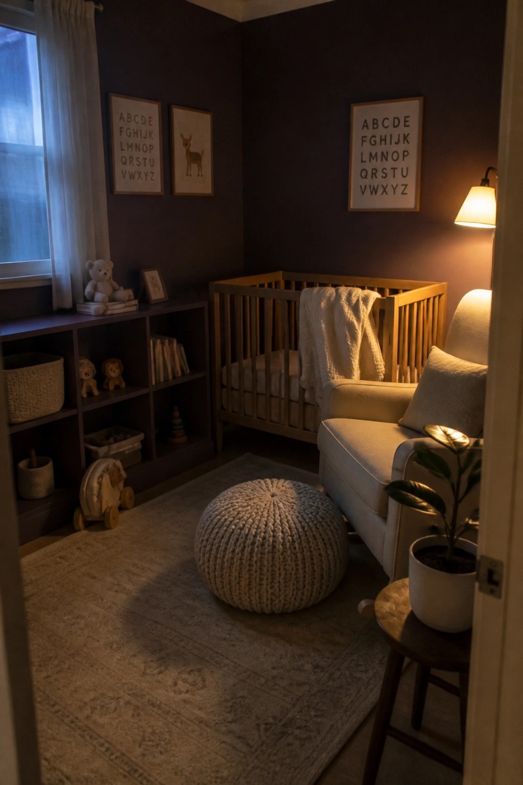 Small room with deep purple walls, a light wood crib, and cozy evening lighting.