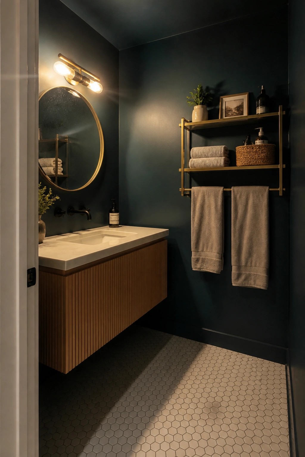 Deep teal walls in a small bathroom with a wood vanity and brass fixtures.