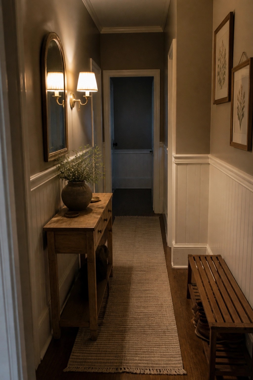 Narrow hallway with wooden console table, arched mirror, runner rug, and bench.