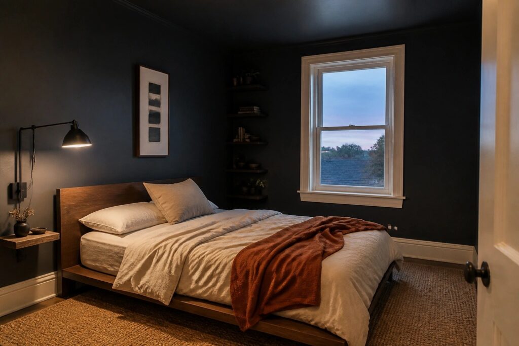 23 Moody Dark Paint Colors for Small Rooms with Cozy Evening Light Cozy dark bedroom with wooden bed, white linens, rust throw, and lit wall sconce.